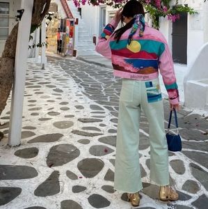 100% Hand-painted High-rise Straight Jeans Aegean Breeze